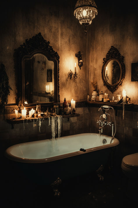 Get inspired to create a witchy bathroom sanctuary with these 20+ ideas! From dark color palettes and vintage mirrors to crystal accents and mystical artwork, turn your bathroom into a space of magic and elegance. Perfect for those who love gothic, enchanted vibes, these decor tips will give your bathroom a darkly beautiful transformation. 🕯️ #WitchyDecor #GothicBathroom #MysticalHome Bathroom Ceiling Mural, Moody Romantic Bathroom, Dark Victorian Bathroom, Witchy Bathroom Ideas, Haunted Bathroom, Dark Moody Bathroom, Gothic Bathroom Ideas, Witchy Bathroom, Mystical Artwork