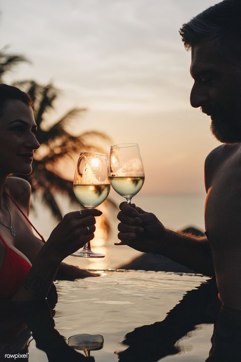 Couple enjoying a romantic sunset | premium image by rawpixel.com Couple Cocktails, Pool Couple, Hotel Sunset, Couples Dinner, Romantic Wine, Summer Board, Summer Couples, Romantic Sunset, Wedding 2025