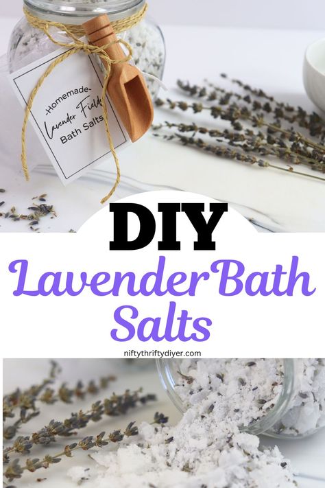 DIY Lavender Bath Salts ~ Nifty Thrifty DIYer Lavender Salt Bath, Epsom Salt Bath Recipe, Diy Bath Soak Recipes, Bath Salt Recipe, Bath Recipes Diy, Diy Bath Salts, Diy Bath Soak, Homemade Scrubs, Bath Soak Recipe