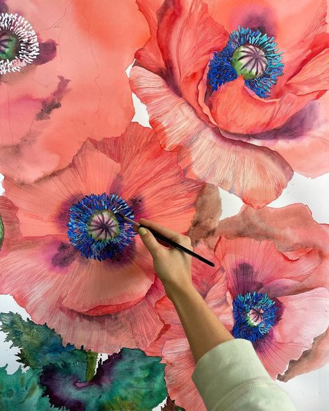 Жанна Пульчо🌸WATERCOLOR on Instagram: “Good morning everyone 💜 This 110x125sm. baby is not finished yet, but you can already book it! if you like poppies and have long dreamed…” Janet Pulcho, Painting Flowers Tutorial, Flower Mural, Watercolor Flowers Tutorial, Flower Painting Canvas, Poppy Painting, Watercolor Painting Techniques, Watercolor Flower Art, Morning Everyone