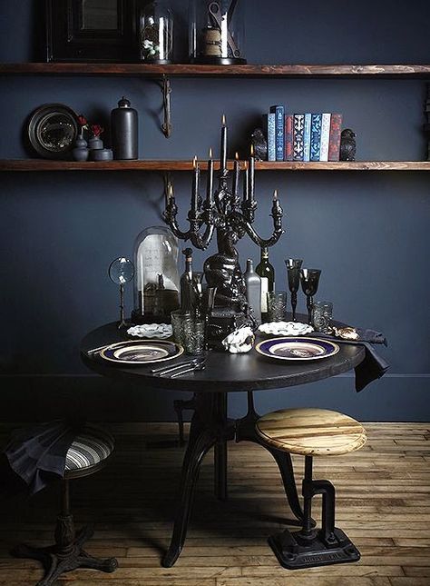 Plunge In: My Top 5 Paint Colors for Deep, Moody Walls — True Design House Dark Blue Walls, Dark Home, Dark Walls, Up House, Dark Interiors, Gothic Home Decor, Gothic House, Design Sponge, Blue Walls