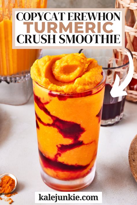 This Copycat Erewhon Turmeric Crush Smoothie is bright, vibrant, and everything you want in a cheery smoothie! It’s packed with sweet pineapple, mango, and a medley of fruit juices, collagen, and the winning ingredient that does wonders for your gut health, turmeric! It's so good and so good for you, so try it today! Pineapple Turmeric Smoothie, Vitamin C Smoothie Recipes, Keifer Recipes Smoothie, Erewhon Meals, Erewhon Smoothie Recipes, Carrot Juice Smoothie, Erewhon Recipes, Ginger Turmeric Smoothie, Kalejunkie Recipes