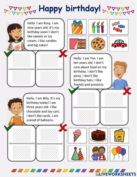 Birthday, like, don't like interactive worksheet for Elementary. You can do the exercises online or download the worksheet as pdf. Birthday Worksheet, Happy Birthday Free, English Grammar Exercises, English Learning Books, Grammar For Kids, English Activities For Kids, The Worksheet, Birthday Activities, English Worksheets For Kids