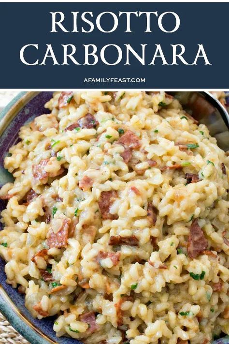 Risotto Carbonara - A Family Feast® Carbonara Risotto, Risotto Carbonara, Classic Carbonara, Risotto Recipes Easy, Risotto Dishes, Rice Side Dishes, Arborio Rice, Family Feast, Risotto Recipes