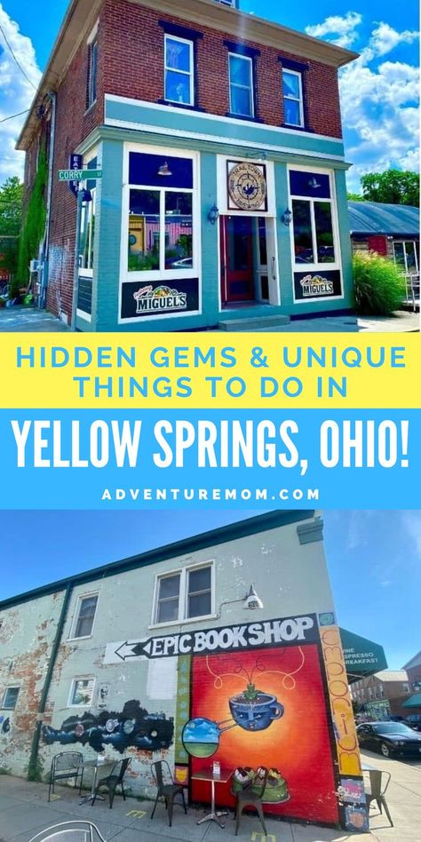 Fun Things to Do at Yellow Springs! There are a lot of amazing and unique things to do in Yellow Springs, Ohio! From fun outdoor adventures, bike riding, eclectic art, and so much more. You can enjoy the unique downtown scene of art, street murals, and cafes, or head outdoors for some amazing hiking trails and more. This is a great weekend getaway or vacation destination for families or couples. Ohio Hiking, Yellow Springs Ohio, Ohio Vacations, Street Murals, Adventure Mom, Ohio Travel, Mom Travel, Street Mural, Adventure Art