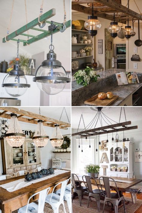 Ladder Lighting, Ladder Light Fixture, Ladder Chandelier, Lighting Fixtures Chandeliers, Farmhouse Dining Room Lighting, Dining Light Fixtures, Chandelier Diy, Farmhouse Style Lighting, Vintage Ladder