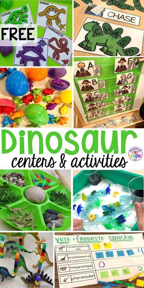 Dinosaur Themed Activities & Centers for Little Learners - Pocket of Preschool Dinosaur Centers, Dinosaur Themed Activities, Dinosaur Classroom, Dinosaur Lesson, Dinosaur Theme Preschool, Dinosaur Activities Preschool, Pocket Of Preschool, Dinosaurs Preschool, Preschool Centers