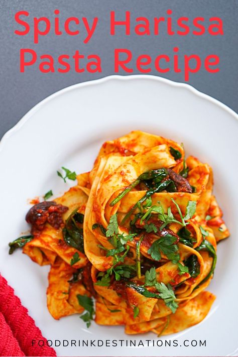 This spicy harissa pasta recipe is an easy-to-make and unique pasta dish. The spice of the Moroccan chili paste is offset by the tang of capers and black olives to make a Mediterranean fusion of flavors. Harissa Noodles, Recipes Using Harissa Paste, Harissa Pasta, Unique Pasta Recipes, Black Olives Recipes, Unique Pasta Dishes, Quick Food Ideas, Unique Pasta, Harissa Recipes