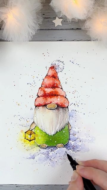 Gnome Painting, Gnome Paint, Gnome Pictures, Monthly Crafts, Winter Watercolor, Christmas Card Art, Watercolor Christmas Cards, Painting Art Lesson, Card Drawing