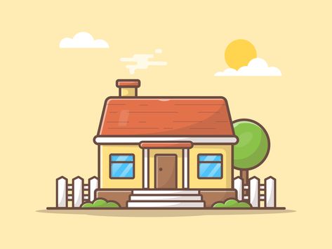 Sunset Cartoon, Real Estate Icons, Sweet Home Design, Building Icon, Doodle Style, Vector Icons Illustration, Isometric Illustration, House Illustration, House Building