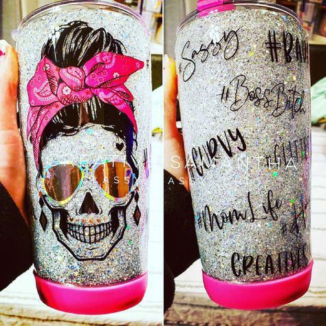 Girl Tumbler Cup Ideas, Baby Door Hangers, Diy Wine Glasses, Cricut Explore Projects, Tumbler Christmas, Baby Door, Resin Tumblers, Skull Tumbler, Epoxy Tumblers