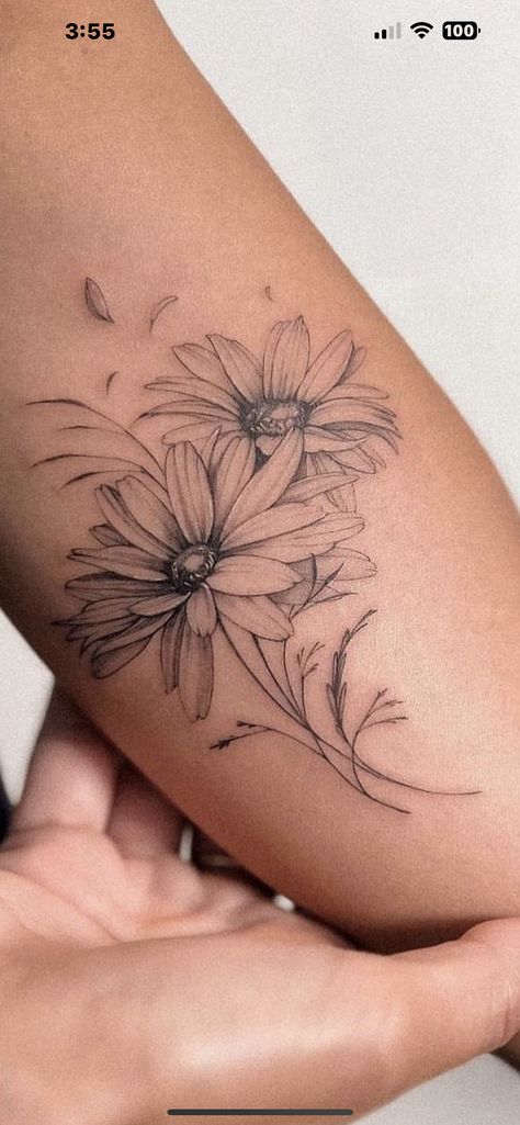 Elbow Ditch Flower Tattoo, Sunflower And Dandelion Tattoo, 2 Daisies Tattoo, Flower Tattoo With Butterflies, Women Tattoo Ideas Meaningful, Wildflower Arm Tattoo, Fine Flower Tattoo, Unusual Tattoos For Women, Shaded Tattoos Women