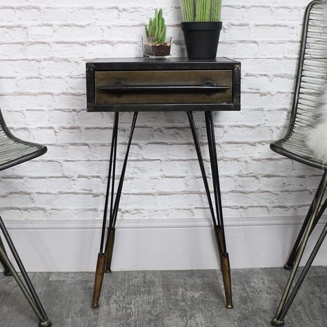 Retro Industrial Metal Bedside Table Eclectic Bedside Table, Industrial Furniture Wood, Industrial Style Interior Design, Metal Bedside Table, Modern Bedroom Storage, Quirky Table, Retro Bedside Tables, Diy Industrial Furniture, Bedside Table Metal