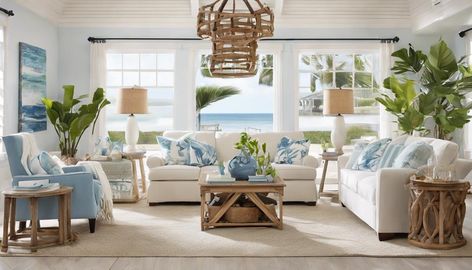 Revamp your beach house living room with these seven must-have decor ideas. Start with light and airy curtains that add a sheer elegance, complementing the serene blues and crisp whites of a coastal color palette. Opt for furniture made from natural materials like rattan for eco-friendly chic and bamboo for a tropical flair. Anchor your space with nautical accessories, from rope accents to seashell displays. Layer textures—think plush throws and sisal rugs—for depth. Add a... White Blue Living Room, Airy Curtains, Kitchen Tile Inspiration, Ensuite Bathroom Designs, Industrial Chic Kitchen, Rustic Industrial Kitchen, Modern Bedroom Colors, Compact Kitchen Design, Coastal Color Palette