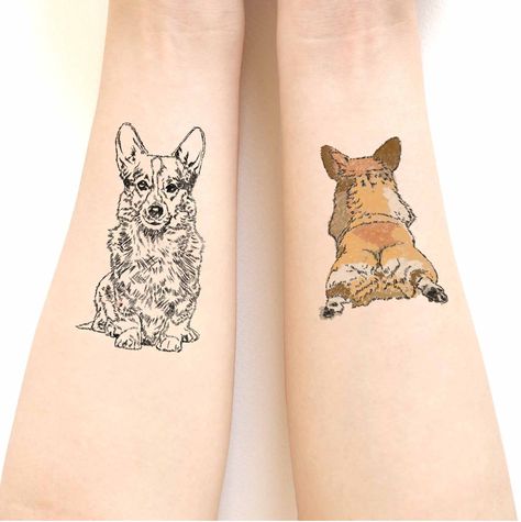 Corgi dog tattoos stickers // paintbrush and sketch texture . Special gift.Gift for Her. by marukopum on Etsy Paintbrush Tattoo, Corgi Tattoo, Tattoos Back, Dog Memorial Tattoos, Dog Paw Tattoo, Outline Tattoo, Corgi Art, Healing Tattoo, Temp Tattoo