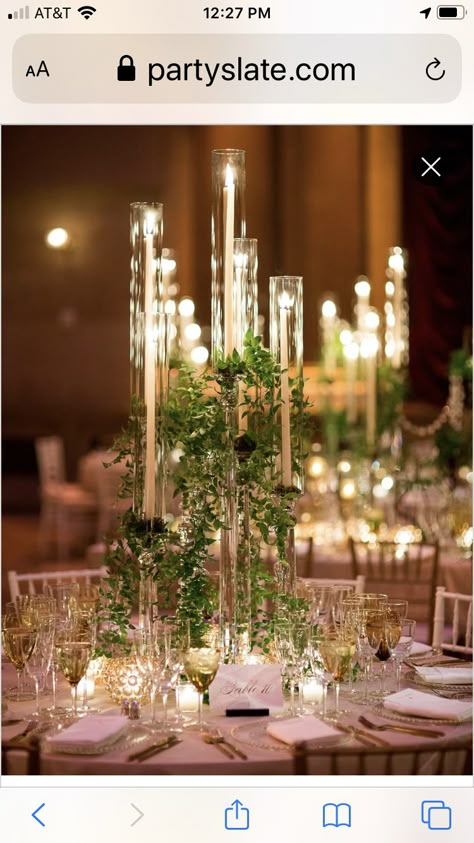 Tall Candle Wedding Centerpieces, Tall Candles Wedding, Tall Candle Centerpiece, Tree Centrepiece Wedding, Candelabra Wedding Centerpieces, Round Wedding Tables, Candle Designs, Candelabra Wedding, Candelabra Centerpiece