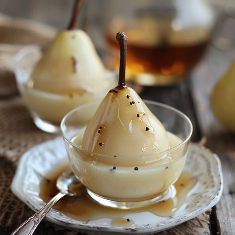 🍐🥃 Elevate your dessert game with Bourbon Poached Pear Panna Cotta. Sophisticated, smooth, and infused with warmth. #BourbonPearDelight Bourbon Poached Pear Panna Cotta Ingredients: Pears, peeled and halved (3) Bourbon (1/2 cup) Gelatin powder (1 packet) Heavy cream (2 cups) Vanilla extract (1 tsp) Sugar (1/2 cup) Instructions: Poach pears in bourbon and sugar until tender. Dissolve gelatin in a little water, stir into warm cream with vanilla. Place a pear half in molds, pour cream mixture ... Cinnamon Pears, Gelatin Powder, Pear Puree, Pear Dessert, Pear Tart, Gelatin Dessert, Instagram Recipes, Twisted Recipes, Dessert Photography