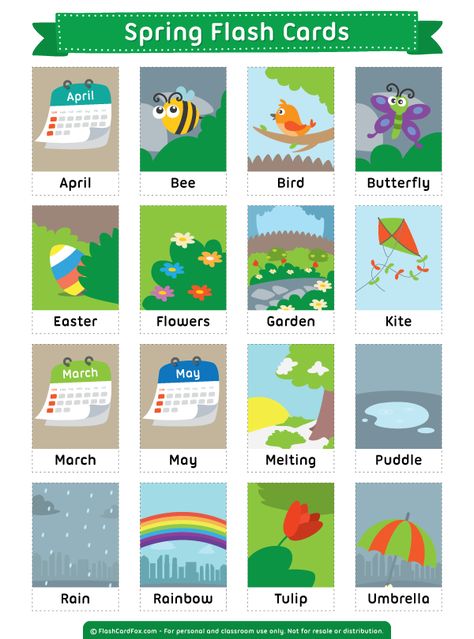 Free printable spring flash cards. Download them in PDF format at http://flashcardfox.com/download/spring-flash-cards/ Spring Flashcards Free Printable, Flashcards Free Printable, Spring Flashcards, Learning English For Kids, Kids English, English Vocab, Flashcards For Kids, Printable Flash Cards, Grammar And Vocabulary