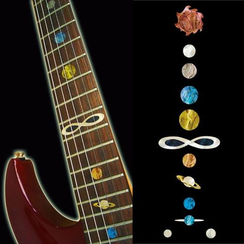 Bass Guitar Design Ideas, Cool Bass Guitar Designs, Bass Guitar Decoration, Stickers On Bass Guitar, Musical Crafts, Planet Solar System, Planet Stickers, Acoustic Guitar Cake, Guitar Fret Stickers