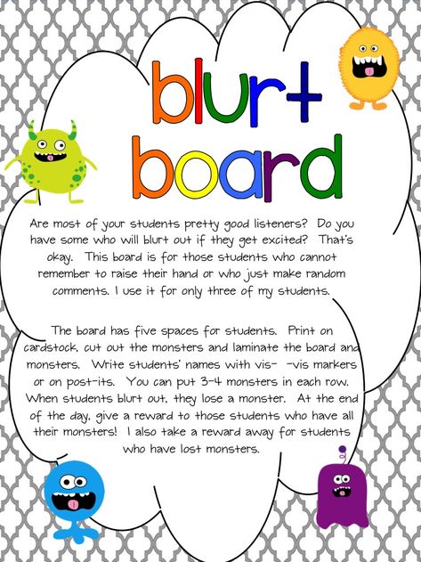 Are most of your students pretty good listeners?  Do you have some who will blurt out if they get excited?  When my students are excited they’re always blurting out. But, I have three students in particular who have a hard time remembering to raise their hand or who just make random comments.     I created...Read More » Talkative Class, Behavior Tips, Monster Clipart, Classroom Behavior Management, Behaviour Management, Social Thinking, Student Behavior, What I Have Learned, School Management