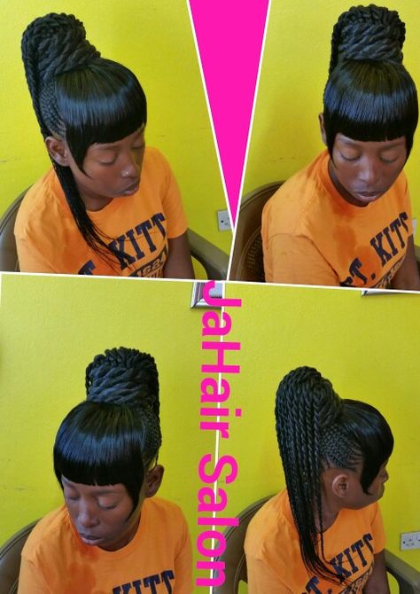 Cornrow pony with a Chinese bang! Weave Ponytails With Bangs, Cornrows With Weave, Alopecia Hairstyles, Hype Hair, Weave Ponytail, Cornrows Braids For Black Women, Crochet Braids Hairstyles, Braids For Black Women, 90s Hairstyles