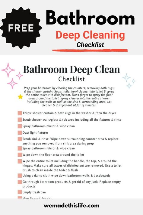 BATHROOM DEEP CLEAN CHECKLIST (FREE PRINTABLE) Bathroom Deep Cleaning Checklist, Deep Clean Bedroom, Bathroom Deep Cleaning, Bathroom Deep Clean, Deep Clean Checklist, Clean Checklist, Bathroom Checklist, Bedroom Checklist, Bathroom Cleaning Checklist