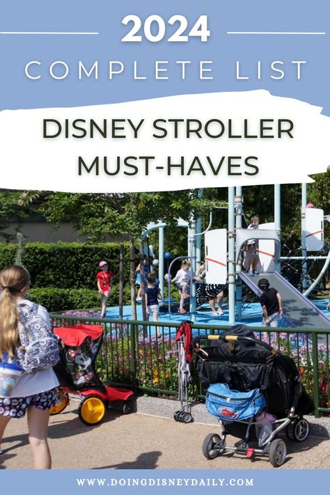 double stroller and Disney stroller parked  along a fence with children playing on an outdoor playground in Epcot Disney World Stroller Tips, Disneyland Stroller Tips, Best Stroller For Disney World, Best Double Stroller For Disney, Disney With An Infant, Stroller Organization For Disney, Disney Must Haves For Toddlers, Disney World Stroller Sign, Diy Disney Stroller Sign