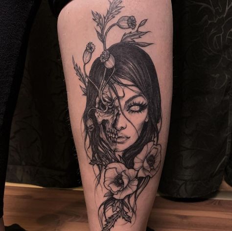 Creepy Feminine Tattoos, Gothic Half Sleeve Tattoo, Split Face Tattoo, Spooky Makeup, Hand Tattoo Designs, Goth Tattoo, Virgo Tattoo, Witch Tattoo, Tattoos For Women Half Sleeve