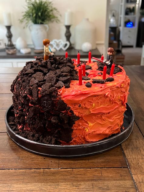 Battle Of Mustafar Cake, Star Wars Cake Anakin Obi Wan, Star Wars Revenge Of The Sith Cake, I Have The High Ground Cake, Anakin And Obi Wan Mustafar, Star Wars Mustafar Cake, Mustafar Cake Star Wars, Star Wars Anakin Vs Obi Wan, Star Wars Birthday Party Ideas Cake