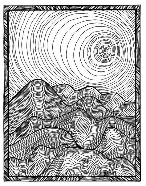 A surreal representation of a dune landscape with a disturbing whirlpool sun. Circular Line Art, Whirlpool Drawing, Sun Zentangle, Sun Line Art, Surreal Drawing, Dune Landscape, Starověký Egypt, Elements And Principles, Contour Drawing