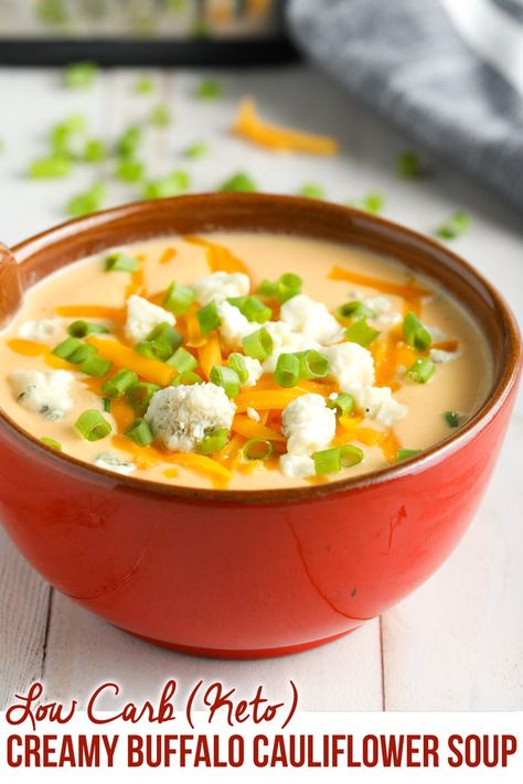 Cheesy Low Carb Buffalo Cauliflower Soup Recipe - A  #keto (#ketogenic) and #vegetarian soup with a rich creamy texture and pop of spice! #ASpicyPerspective #LowCarb via @spicyperspectiv Low Carb Vegetarian Diet, Cauliflower Cheese Soups, Cauliflower Soup Recipe, Spicy Cauliflower, Cauliflower Soup Recipes, Cauliflower Cheese, Buffalo Cauliflower, Keto Soup, Low Carb Soup