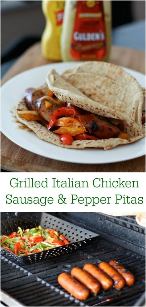 Easy & healthy summer grilling meal! Grilled Italian Chicken Sausage & Pepper Pitas are always a hit! Chicken Sausage And Peppers, Sausage Dinners, Grilled Italian Chicken, Chicken Sides, Hummus Pita, Sandwich Chicken, Chicken Sausage Recipes, Pita Pizza, Italian Chicken Sausage