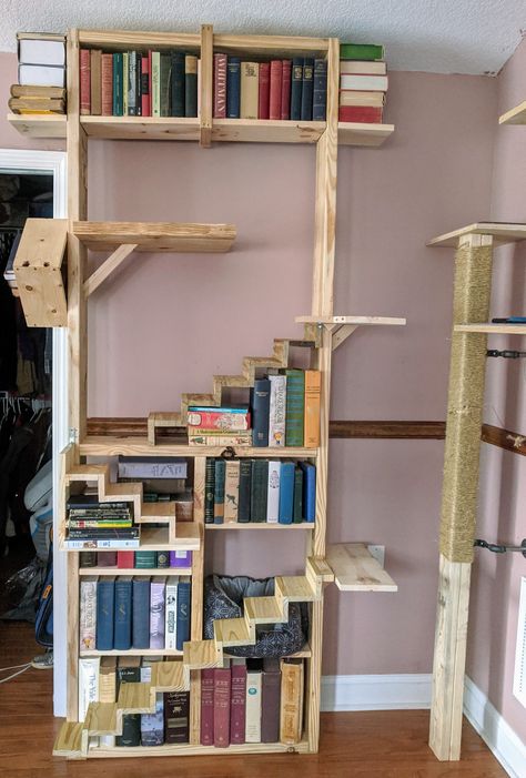 Diy Cat Tree Bookshelf, Book Case Cat Tree, Cat Tower From Book Shelf, Wooden Cat Furniture, Book Shelf Cat Tower, Bookshelf For Cats, Diy Cat Bookshelf, Cat Building Ideas, Cat Bookshelf Diy