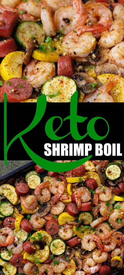 Keto Shrimp Boil! A delicious and easy shrimp boil recipe that anyone can make. Perfect for a weeknight dinner or a weekend party. Simply put all of the ingredients on your sheet pan and then put it in the oven.Bake and dinner is done! Easy Peasy! #Shrimp #ShrimpBoil #SheetPan #Dinner #Veggies #Sausage #Cajun #OnePan #MidgetMomma #Keto #LowCarb Easy Shrimp Boil Recipe, Easy Shrimp Boil, Dinner Veggies, Shrimp Boil Recipe, Keto Shrimp Recipes, Keto Shrimp, Boiled Food, Diner Recept, Resep Diet