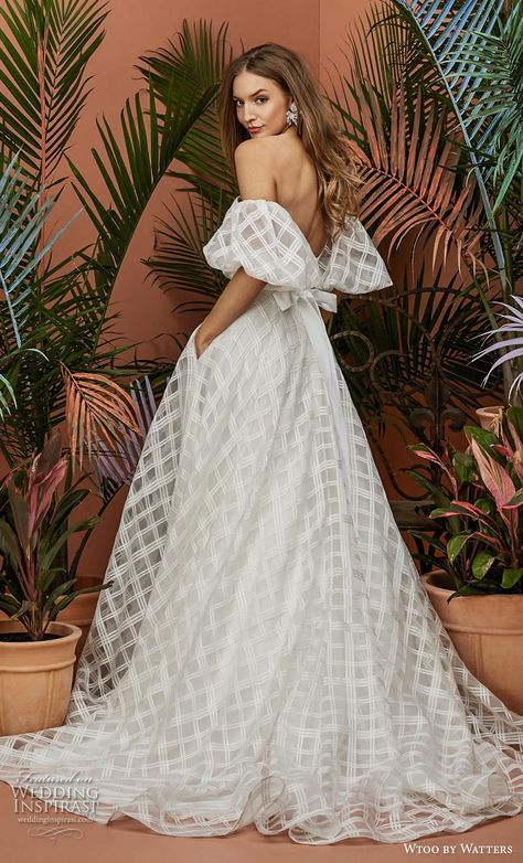 wtoo by watters fall 2018 bridal half balloon sleeves off the shoulder straight aross neckline full embsllishment checkered romantic a  line wedding dress pockets backless chapel train (8) bv -- Wtoo by Watters Fall 2018 Wedding Dresses | Wedding Inspirasi #wedding #weddings #bridal #weddingdress #weddingdresses #bride #fashion  ~ Wtoo By Watters, Watters Wedding Dress, By Watters, Minimalist Dress, Stylish Wedding Dresses, Wedding Dress With Pockets, White Wedding Dress, Traditional Wedding Dresses, Nontraditional Wedding