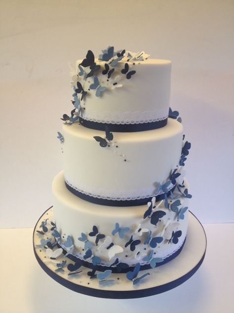 Wedding cake butterflies!! possibly add a coral color. Blue Butterfly Wedding, Blue Coral Weddings, Butterfly Theme Cake, Corpse Bride Wedding, Butterfly Wedding Cake, Quince Cakes, Quince Cake, Dummy Cake, Quinceanera Cakes