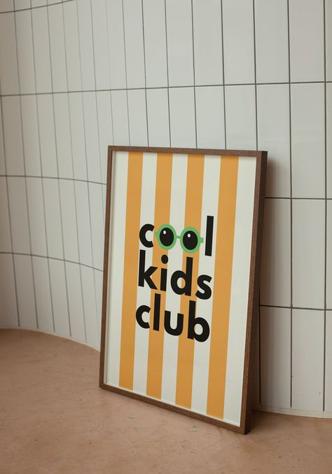 This 'Cool Kids Club' Fine Art Print is printed on premium quality 310gsm cardstock and is available in A3 and A4 (UNFRAMED). This print has been designed and printed in the UK and is printed to order to reduce wastage. There are other colour combinations available including; white, blue and yellow, white, pink and yellow and white, orange and green.  The simple and striking design will allow the print to stand out in any room. Ideal for a kid's bedroom, nursery or playroom!  A3: H420mm x W270mm A4: H297mm x W210mm All orders are shipped in a board backed envelope and NOT rolled to prevent creasing. PLEASE GET IN TOUCH FOR CUSTOM COLOUR COMBINATIONS Colorful Toddler Boy Room, Orange Kids Room, Yellow Kids Room, Yellow Boys Room, Funky Nursery, Orange Kids Rooms, Yellow Playroom, Yellow Kids Rooms, Boy Room Poster