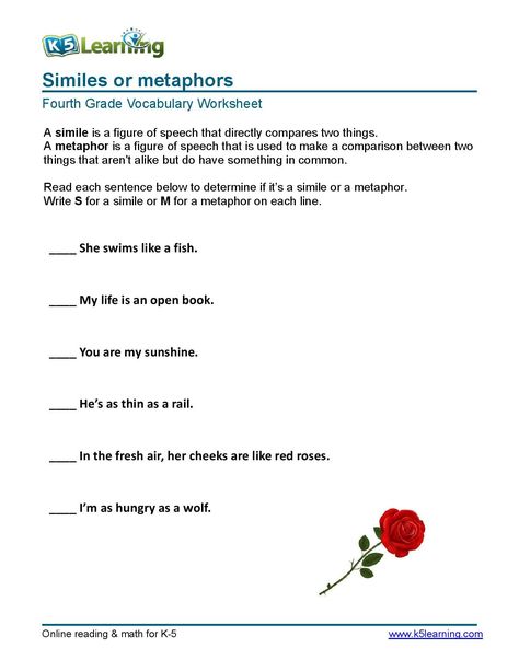 #Similes or #metaphors for #grade4 and more...  check #K5learning for your daily #worksheets Metaphor Worksheet, Simile And Metaphor, Simile Worksheet, Poetry Worksheets, Suffixes Worksheets, Figurative Language Worksheet, Sequencing Worksheets, Similes And Metaphors, Language Worksheets