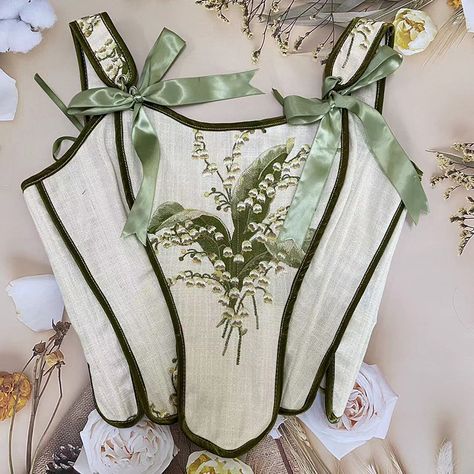 Beaushare Lily Of The Valley Embroidered Green Corset Cosplay Straps Designer Original Overbust Corset Cosplay, Lily Valley, Embroidered Corset, Cotton Corset, Fair Outfits, Floral Corset, Underbust Corset, Clothes Outfits, Fantasy Fashion