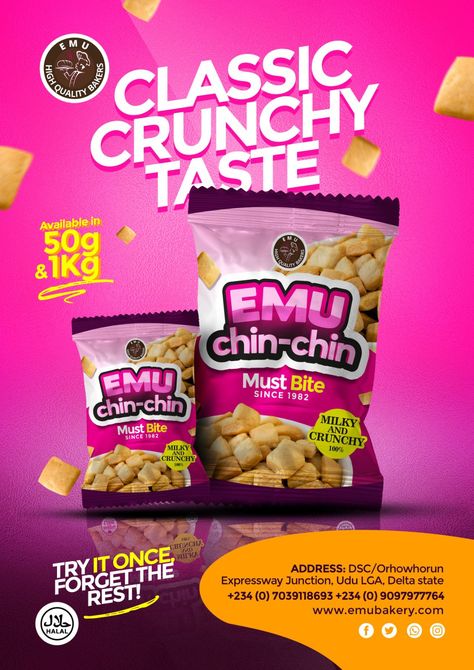 EMU chinchin Flyer Chin Chin Packaging Ideas, Chinchin Packaging Ideas, Snacks Flyer Design, Snack Poster Design, Product Sales Design, Bake Sale Flyer, Super Mercado, Doughnut Recipe Easy, Product Flyer