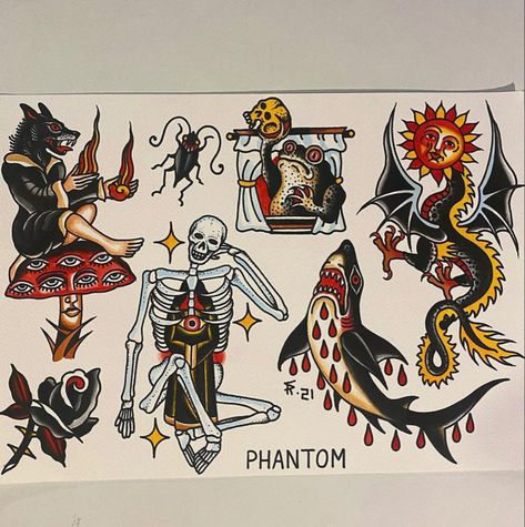 Halloween Tattoo Flash Art, Traditional Halloween Tattoo Flash, Traditional Halloween Tattoo, Traditional Tattoo Halloween, Halloween Tattoo Flash, Vintage Tattoo Art, Traditional Halloween, Traditional Style Tattoo, Traditional Tattoo Sleeve