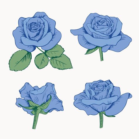 Roses With Leaves, Rose Reference, Blue Drawings, Flower Drawing Tutorials, Rose Illustration, Flower Drawings, Rose Drawing, Roses Drawing, Blue Roses