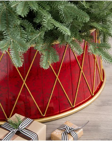 Drum Christmas Tree, Christmas Tree Collars, Wooden Crates Christmas, Christmas Drum, Tree Collar Christmas, Christmas Tree Collar, Red Gold Christmas, Christmas Tree Base, Elegant Christmas Decor