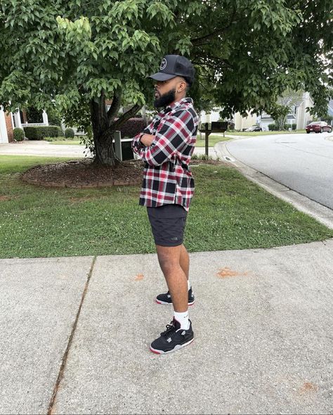 Jordan 4 Bred Reimagined Outfit, Bred 4 Outfits Men, Bred 4s Outfit, Bred 4 Outfits, Bred 4s, Jordan 4 Bred, Flannel Shorts, Mens Shorts Outfits, Mens Summer Outfits