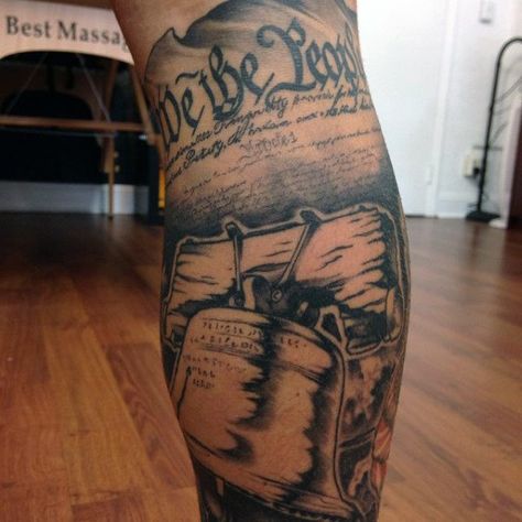 Realistic We The People Liberty Bell Mans Leg Sleeve Tattoo We The People Tattoos, We The People Tattoo, American Flag Sleeve Tattoo, Tattoo Leg Sleeve, People Tattoos, People Tattoo, Belle Tattoo, Liberty Tattoo, Harley Tattoos