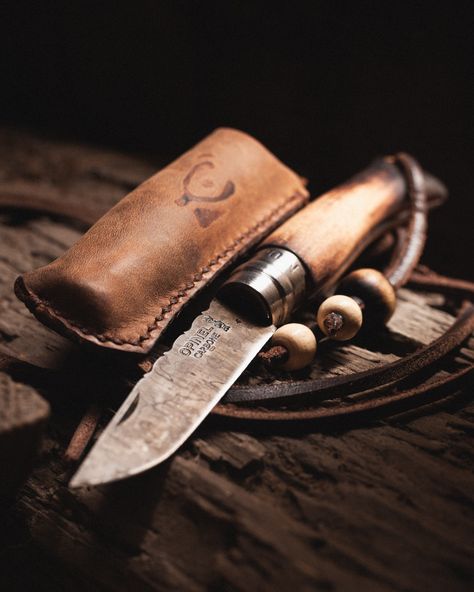 Opinel Mods, Knife Photography, Opinel Knife, Leather Goodies, Knife Making Tools, Bushcraft Gear, Cluj Napoca, Hunting Bags, Bushcraft Knives