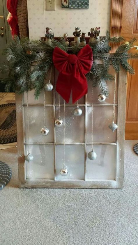 Diy Old Frames Projects, Christmas Decorations Around Door Frame, How To Decorate An Old Window, Window Pane Christmas Ideas, 9 Pane Window Ideas Decor, Decorating Old Window Frames For Christmas, Repurpose Old Christmas Ornaments, Window Pane Christmas Decor, Christmas Window Frame Decor