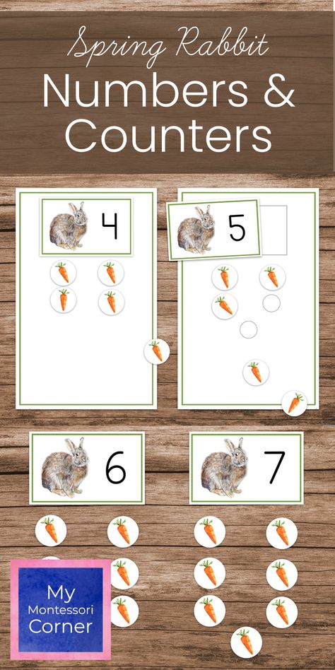 Spring rabbit number cards and carrot counters printable by My Montessori Corner Easter Counting Preschool, Counting Carrots Preschool, Montessori Corner, Bunny Counting Preschool, Spring Movement Cards Free, Spring Practical Life Montessori, Number Counter, Spring Rabbit, Montessori Teacher