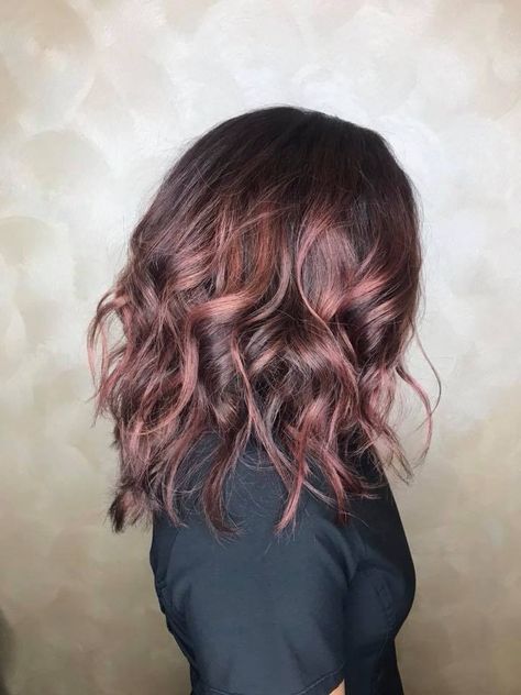 Rose Gold Lowlights Brunette, Rose Gold Partial Highlights, Rose Brown Hair Color Brunettes, Subtle Pink Highlights Brunette, Dark Rose Gold Hair Brown, Rose Gold Balayage Brunettes Dark, Rose Gold Brunette Hair, Subtle Rose Gold Hair Brunette, Rose Gold Highlights Brunette