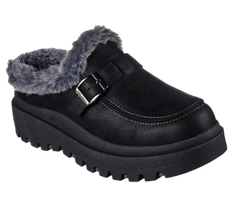 A classic favorite gets a cozy update in Skechers Shindigs - Forever Retro. This open-back fashion style features a synthetic microleather upper with a buckle accent, faux-fur lining, cushioned comfort footbed and a heritage-style chunky midsole. Skechers Shindigs, Wide Shoes, Women's Mules, Retro Shoes, Heritage Fashion, Womens Mules, Retro Women, Skechers Women, All Black Sneakers